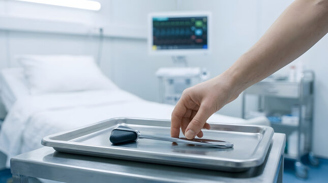 Hand Reaching for Reflex Hammer on Medical Tray in Hospital Room
