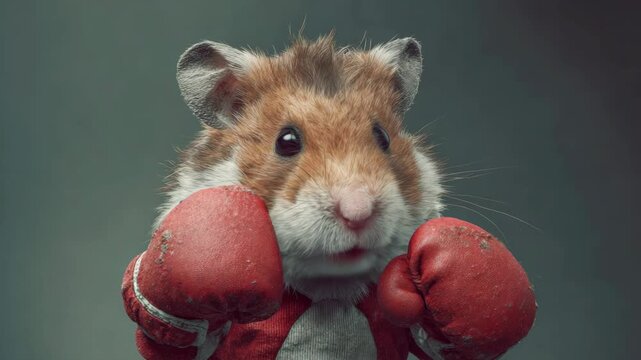 A gerbil wearing boxing gloves and posing in a fighting stance against a dark backdrop.