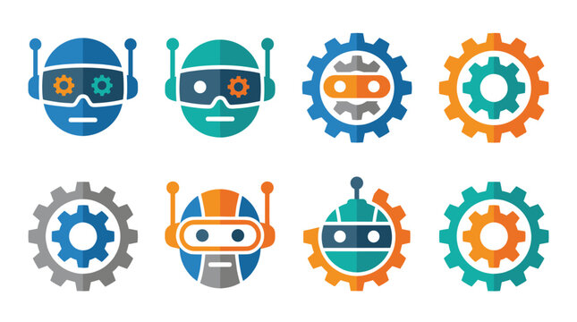 Colorful robot head and gear icon set.
