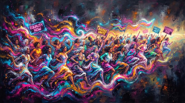 Women&rsquo;s equality marchers moving forward in a radiant nebula with equality feminism empowerment inclusion diversity