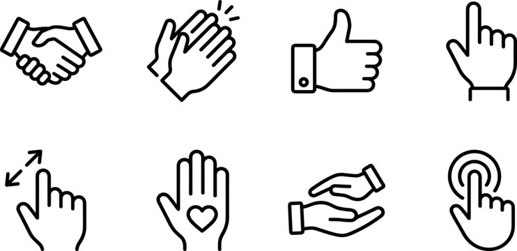 Hand Gestures and UI Interface Line Icon Set Featuring Handshake, Clapping, Thumbs Up, Pinch Zoom, Heart Palm, Supporting Care, and Tap Click Symbols (23 words)