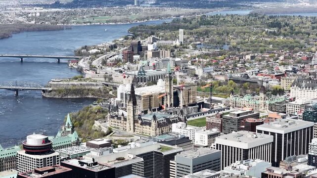 Aerial view of Parliament Hill, Ottawa, Ontario, Canada and Gatineau across the Ottawa River. g.