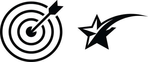 Minimalist target and shooting star icon set representing achievement, accuracy, success, ambition, goals, focus, precision, and motivation © Md
