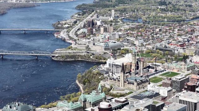 Aerial view of Parliament Hill, Ottawa, Ontario, Canada and Gatineau across the Ottawa River. g.