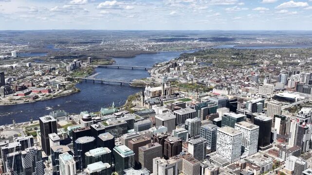 Aerial view of Parliament Hill, Ottawa, Ontario, Canada and Gatineau across the Ottawa River. g.