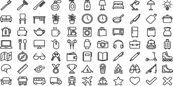 Mega Universal Line Icon Set Featuring Household Objects, Electronics, Office Supplies, Furniture, Camping Gear, and Transportation Symbols for Apps and Websites (22 words)