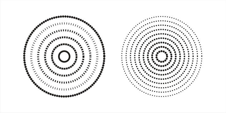 Black concentric circle set. Sonar or sound wave ring collection. Dotted and linear epicentre, target, radar icon concept. eps 10