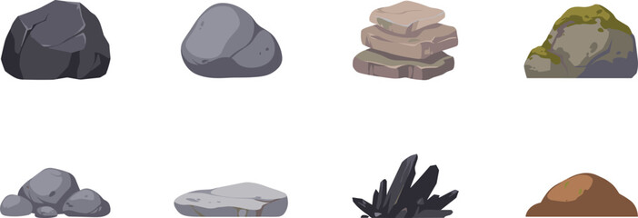 Assorted Rocks and Stones Flat Vector Icon Set Featuring Boulder Cobblestone Stacked Slate Mossy Rock Flat Slab and Crystal Minerals © MstRabeya