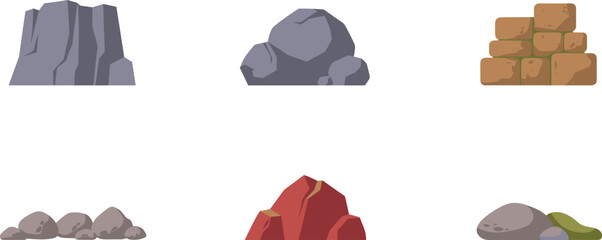 Nature Rocks and Stones Flat Vector Icon Set Featuring Cliff Mountain Boulder Stacked Sandstone Bricks Red Clay Rock and Pebbles © MstRabeya