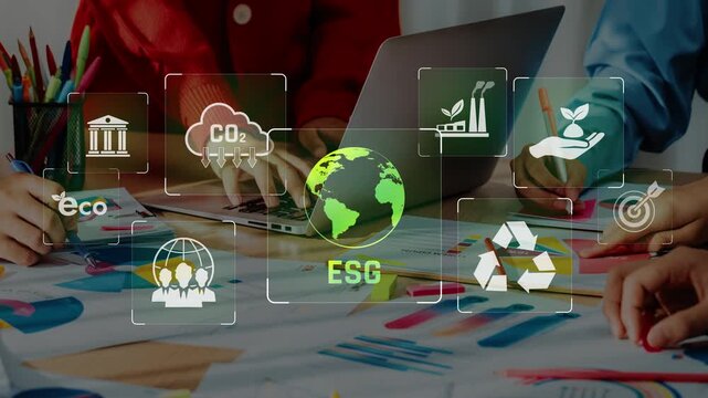 A group of professionals collaborates on ESG initiatives, utilizing digital tools to analyze data, visualize strategies, and promote sustainability in corporate practices. Raster