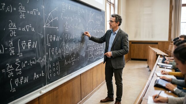 Mathematics Teacher Writing Advanced Equations on Classroom Chalkboard