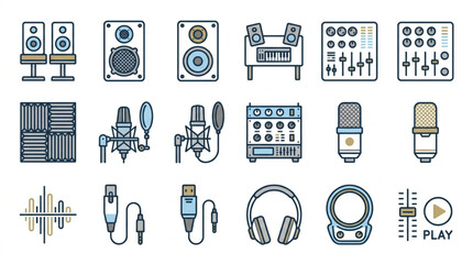 Flat Design Audio Equipment and Music Studio Icons Set. © Cel