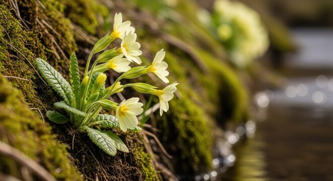 Delicate pale yellow primroses blooming on mossy ground