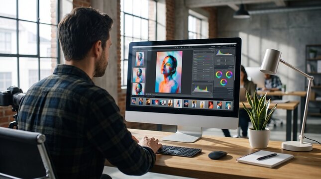 Professional Photo Editor Working in Modern Creative Studio