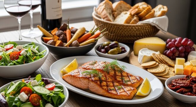 A table set with a variety of food items, including grilled salmon, fresh vegetables, bread, and a basket of bread rolls.