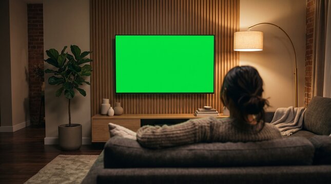 Person Watching Television at Home with Green Screen Display