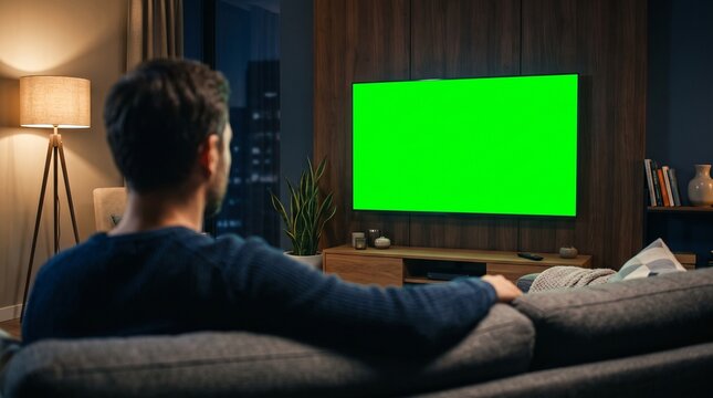 Person Watching Television at Home with Green Screen Display