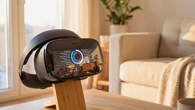 VR headset on wooden stand in cozy living room representing virtual reality gaming and immersive home entertainment