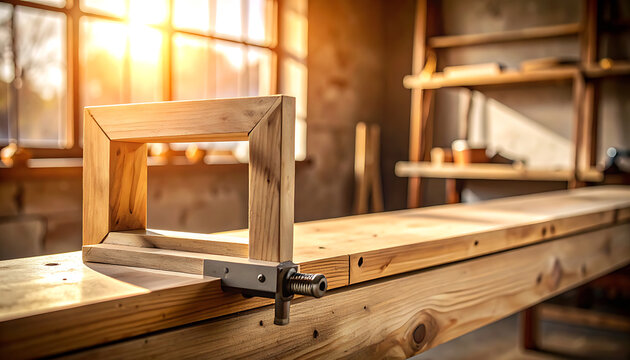 Woodworking square tool on workbench.