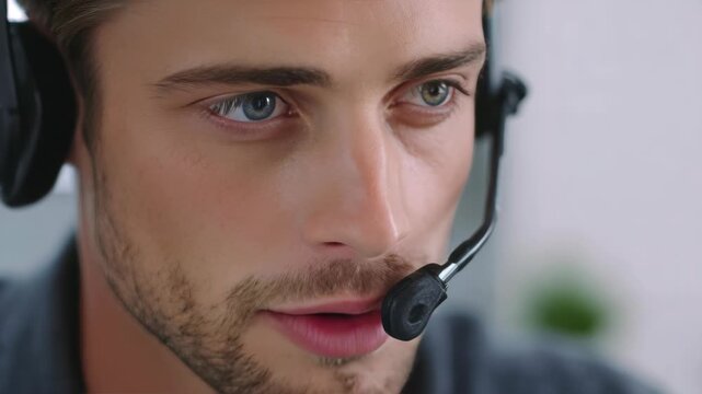A man wearing a headset with blue eyes looking intently into the distance.
