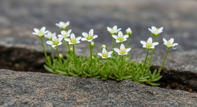 Cluster of tiny white wildflowers growing from a rock crevice