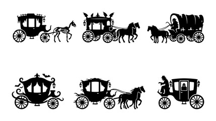 Horse-drawn carriages, vintage wagons, and gothic coaches, silhouette vector set for fantasy and historical themes © Ashim