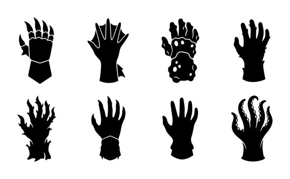 Monster Hands Vector Icons, Fantasy Creature Claws, Alien Tentacle Grips, Spooky Character Silhouettes