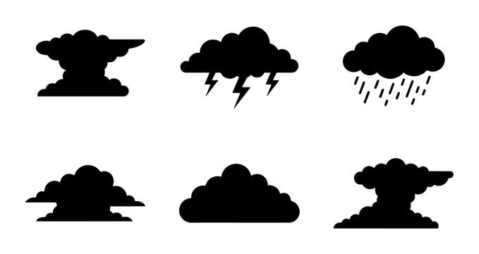 Black Cloud Icons Set: Thunderstorm, Rain, Cumulonimbus, Cumulus, Nimbus