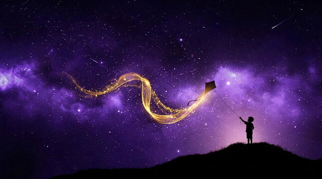 Child flying kite against purple starry night sky silhouette