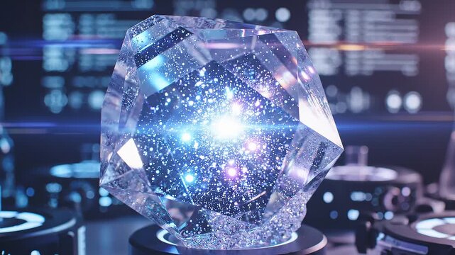 研究室の実験台で青と紫の光を放ち輝く多面体結晶コアと量子コンピュータイメージの3D動画素材