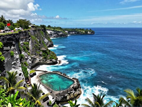Aerial View of Angels Billabong and Indian Ocean Nusa Penida
