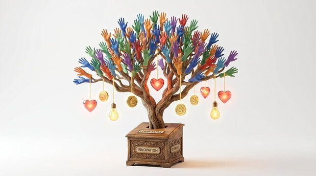 Colorful hand tree with hanging hearts and lightbulbs.