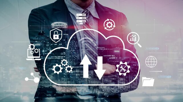 Professional Businessman Overlooking Cityscape with Cloud Technology and Data Management Graphics Illustrating Digital Transformation Concepts. Entropy.