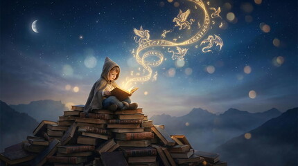 Child reading magic book with glowing dragon spirit. © Prananda