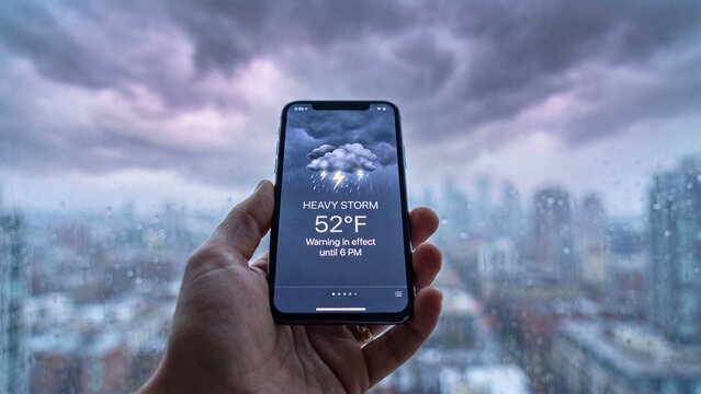 Hand holding smartphone showing heavy storm weather forecast app over cloudy city skyline background