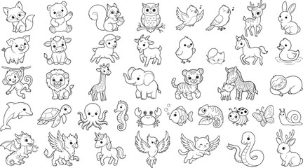 Fototapeta premium Cute Cartoon Animal Outline Mega Collection for Coloring Books and Kids Activities