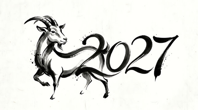 2027 chinese new year of the goat greeting card with artistic ink wash painting of a goat, isolated on white background