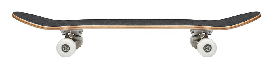 Complete black skateboard with white wheels and silver trucks in side view isolated transparent background image © PNG World