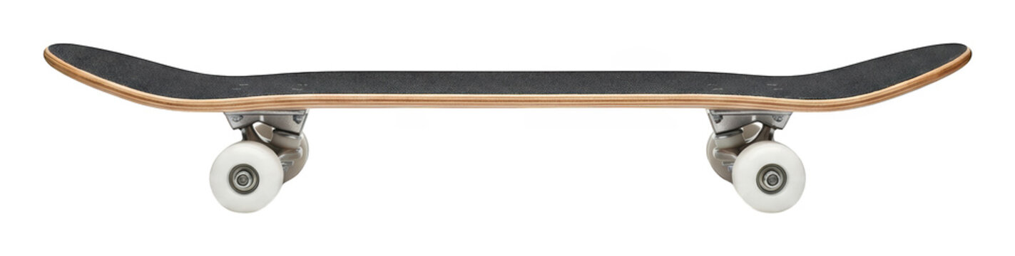 Complete black skateboard with white wheels and silver trucks in side view isolated transparent background image