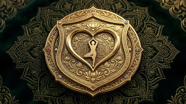 Intricately detailed golden shield emblem featuring a central heart shape and a graceful yoga figure balanced in a tree pose silhouette with ornate filigree metalwork 