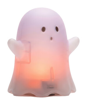 Cute frosted ghost figurine with warm glowing light and surprised face isolated transparent background image