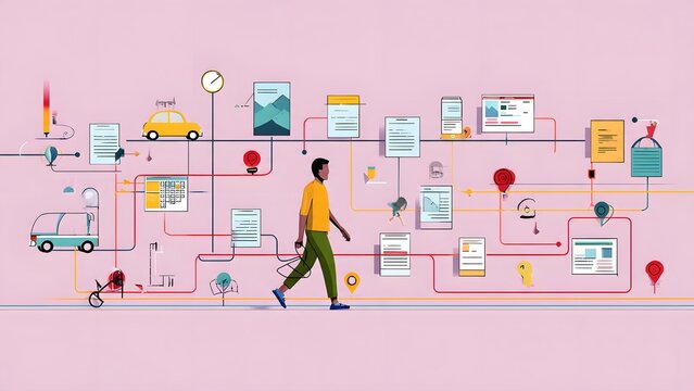 Man walks through abstract digital network connecting various business processes and data points showing workflow and strategy on pink background.