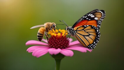 Obraz premium Honeybee and Monarch Butterfly Share Beautiful Pink Flower