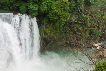 Fototapeta premium Majestic Shifen Waterfall in Pingxi District, New Taipei City. A popular natural tourist attraction in Taiwan featuring powerful cascading water and lush green foliage.