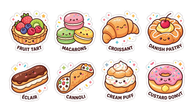Collection of cute kawaii pastries and desserts with happy faces, including fruit tart, macarons, croissant, danish pastry, eclair, cannoli, cream puff, and donut.