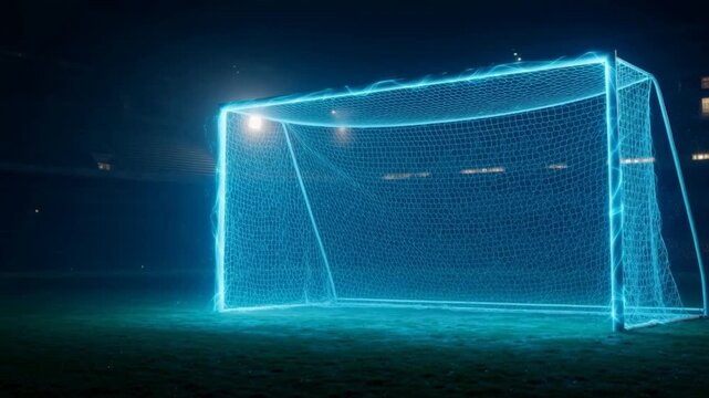 A glowing blue soccer goal net illuminated at night on a dark field