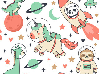 Fototapeta premium Cute astronaut animals space seamless pattern with panda, unicorn, sloth, and giraffe for kids' textiles and nursery decor.