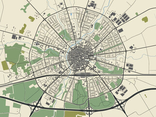 Obraz premium Circular City Map with Radial Urban Layout and Smart Infrastructure Design