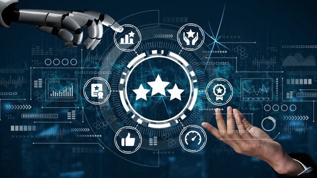 Futuristic Interaction Between Robot Hand and Human Hand Above Abstract Digital Icons Representing Technology, Innovation, and Data Analysis. Entropy.