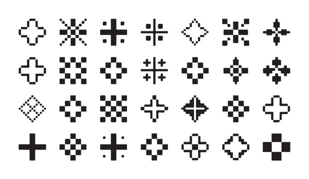 Collection of pixel art cross shapes and mathematical symbols for retro interface design and game development.
